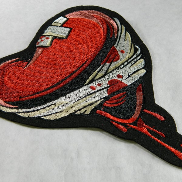 Large Broken Heart Embroidery Patch-Red & Silver Iron-On Broken Heart Embroidered Patch-Bandaged and Bound Heart Jacket/Backpack Patch 213