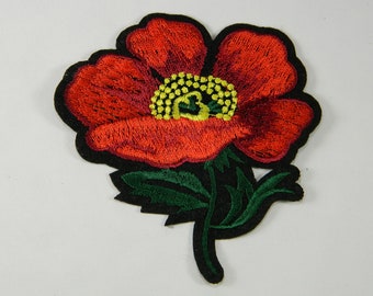 Red With Yellow Center Peony Embroidery Patch -Single Peony Embroidery Patch - Flower Embroidery Patch - Iron On Applique Peony Patch #B787