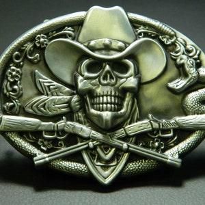 Cowboy Skull Pewter Belt Buckle - Mens Specialty Cowboy Stylized Death Skull Belt Buckle - Unique Guys Old West Skull Belt Buckles #B619