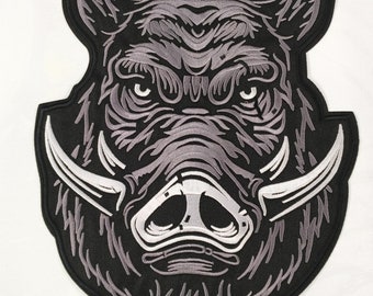 BIG Gray Boar with Tusks Statement Iron On Embroidered Patch - Large Cool Boar Embroidery Patch For Clothes, Jackets, Backpacks Patches 273
