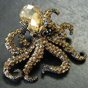 Incredible Octopus Brooch Pin - Antique Golden Pewter & Gold Crystal Rhinestones Octopus Brooch Womens Jewelry - Costume Bling #B706
