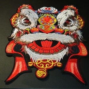 Large Colorful Chinese Red Lions Dance Iron-On Embroidered Patch Asian Lion Embroidery Patch For Clothes, Jackets, Backpacks AA37