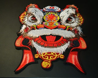 Large Colorful Chinese Red Lions Dance Iron-On Embroidered Patch Asian Lion Embroidery Patch For Clothes, Jackets, Backpacks AA37
