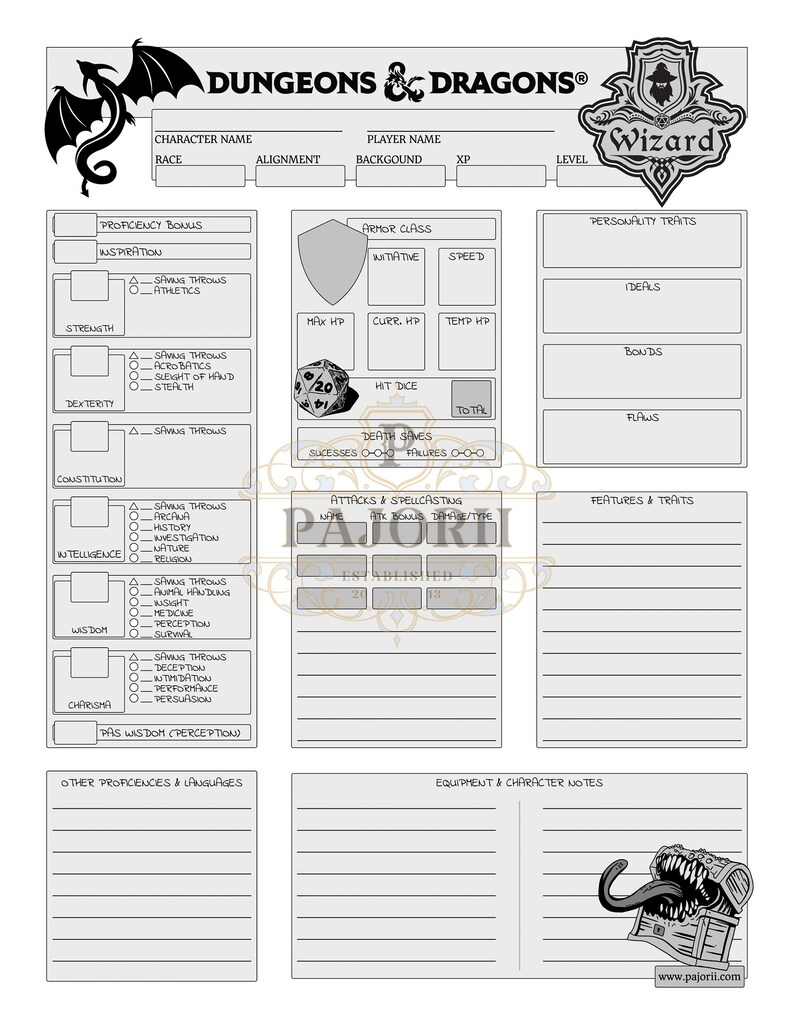 Dungeons &amp; Dragons 5E Wizard Character Sheet 2 Sided Digital - Etsy