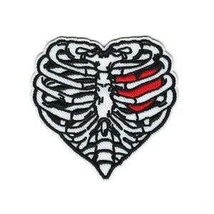 Heart Rib Cage Iron-On Embroidery Patch - Red Heart Iron-On Embroidered Clothing Patch - Stylized Skeleton Heart DIY Patch #B342