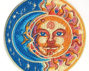 Sublime Sun and Moon Embroidery Patch - Man in the Moon Mandala Kids Iron-On Embroidered Patch - Sun and Moon Iron On Clothing Patch #B749
