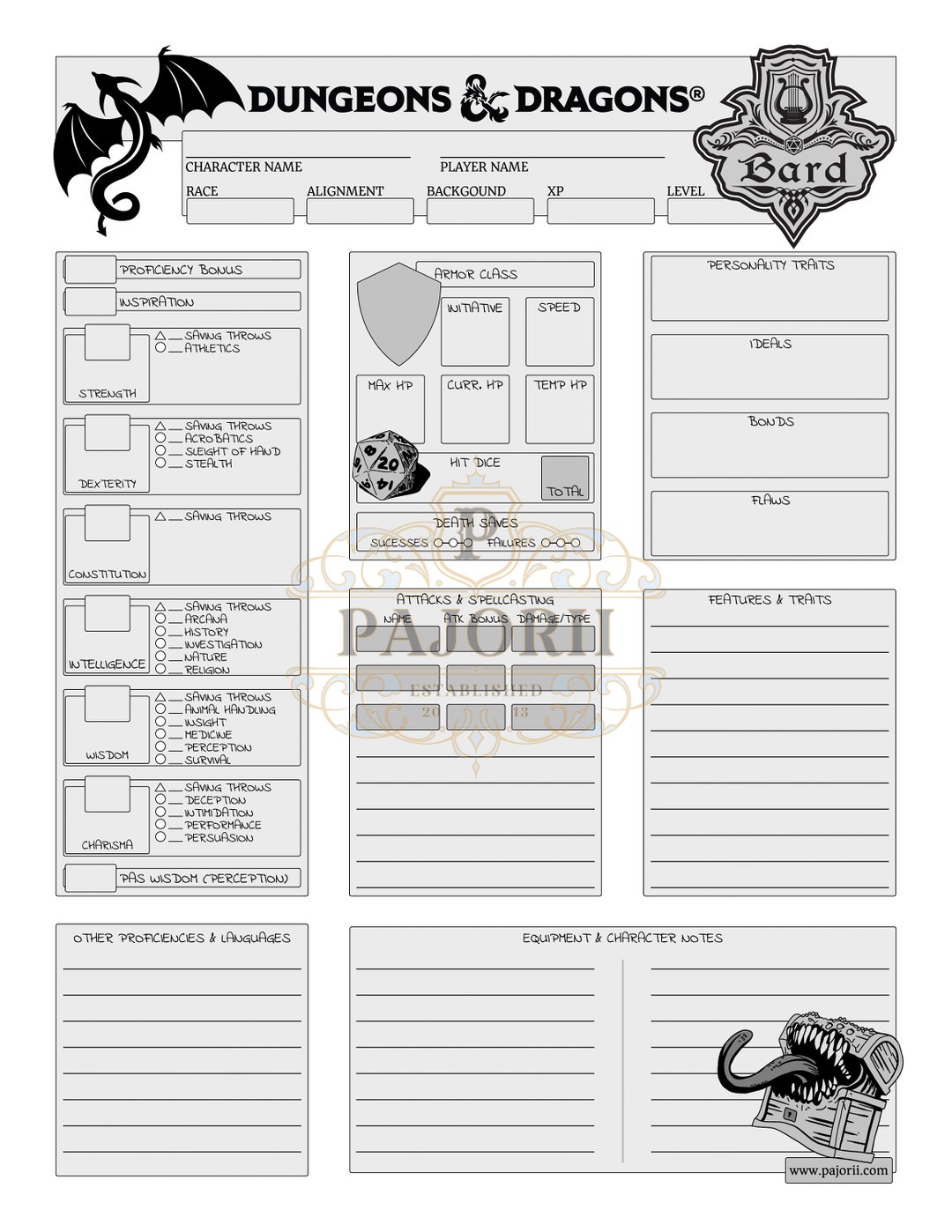 Dungeons & Dragons 5E Bard Character Sheet 2 Sided Digital Etsy Dungeons & Dragons 5E Bard Character Sheet 2 Sided Digital Etsy