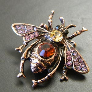 Pewter Rose Gold Wasp & Rhinestones Brooch Pin - Retro Pewter Pink Crystals Rhinestones Wasp Insect Woman&#39;s Brooch - Costume Bling #B675