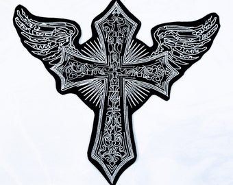 Large Tattoo Style Christian Cross Iron-On Embroidered Patch - Big Jesus Cross Halo Angel Wings Embroidery Back Patch Iron On Patch AA02