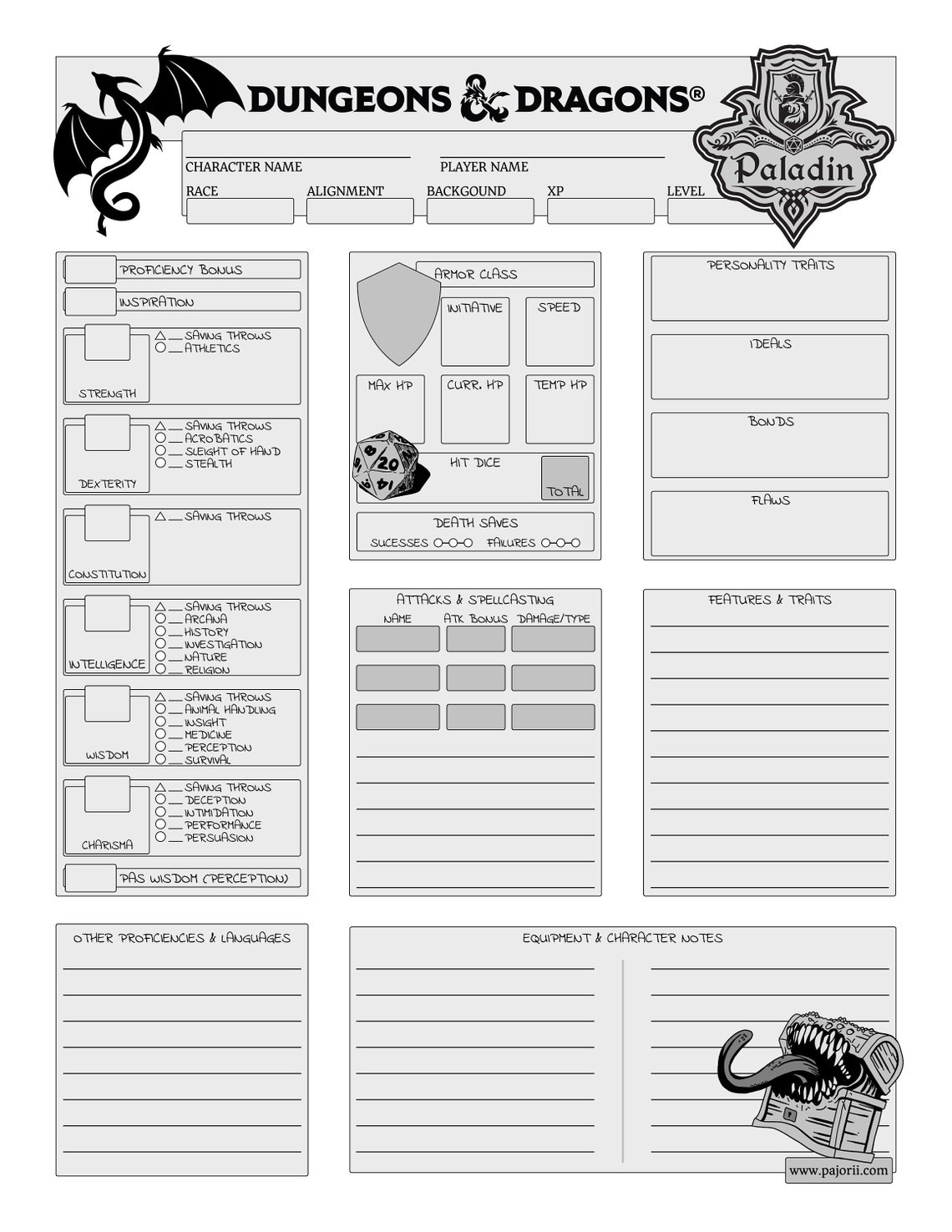 Dungeons & Dragons 5E Paladin Character Sheet 2 Sided Etsy