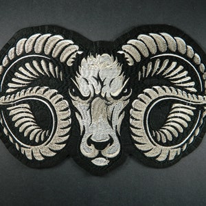 BIG Silver Ram Sheep Head Iron On Embroidered Patch - Large Adhesive Embroidery Patch Featuring a Rams Head and Horns