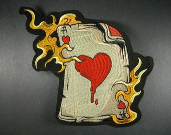 Large Flaming Ace of Hearts Iron-On Embroidered Patch -  Playing Cards Ace of Hearts Embroidery Back Patch For Jacket, Backpack & More 190