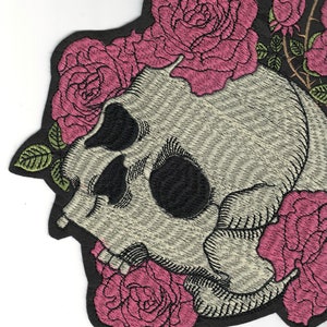 MASSIVE Skull & Pink Roses Iron-On Embroidered Patch - XL Big Skull Iron On Jacket Patch For Clothes, Jackets, Backpacks and More