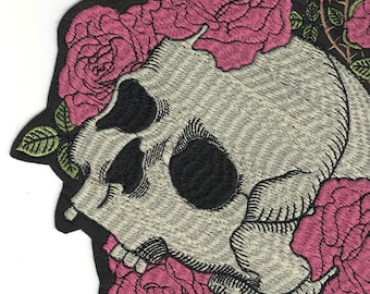 MASSIVE Skull & Pink Roses Iron-On Embroidered Patch - XL Big Skull Iron On Jacket Patch For Clothes, Jackets, Backpacks and More AA82