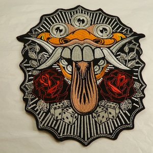 Large Three Eyed Monster Iron-On Embroidered Patch - Big Asian Beast Embroidery Patch Clothes, Backpack - Iron On Monster Back Patch
