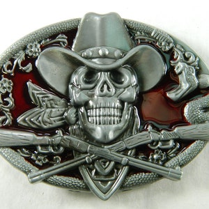Cowboy Skull Red Pewter Belt Buckle - Mens Specialty Cowboy Stylized Death Skull Belt Buckle - Unique Guys Old West Skull Belt Buckles #B556