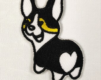 Corgi Butt Fun Style Embroidery Patch - Cartoon Animal Kids Iron-On Black and White Corgi Butt Meme Embroidered Patch #B386