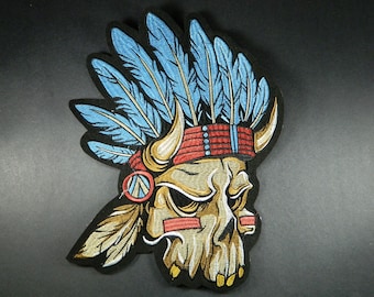 BIG Native American Chief Inspired Iron On Embroidered Patch - Large Indian Skull Embroidery Patch For Clothes, Jackets, Backpacks 181