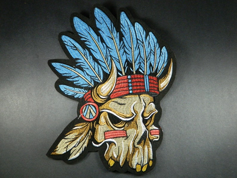 BIG Native American Chief Inspired Iron On Embroidered Patch Large Indian Skull Embroidery Patch For Clothes, Jackets, Backpacks 181 image 1