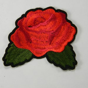 Red & Green Rose Leafed Embroidery Patch - Single Red Rose With Green Leaves Embroidery Patch - Iron On/Sew on Applique Rose Patch #B788