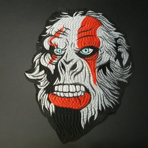 MASSIVE Shamanistic Gorilla Ape Iron-On Embroidered Patch - Big Gray & Red Angry Gorilla Embroidery Patch For Clothes, Jacket, Backpack
