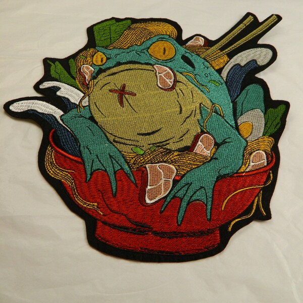 Large Frog In Pho Iron-On Embroidered Patch - Big Toad Embroidery Patch Clothes, Jackets, Backpack - Iron On Ramen Frog Back Patch 234