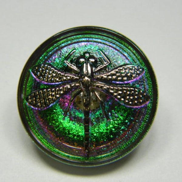 22MM Silver Dragonfly On Vitrail Color Changing Dark Green & Purple Czech Glass Button- Dragonfly Czech Button Jewelry Glass Button #B730