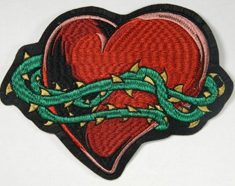 Sacred Big Heart With Thorns Love Embroidery Patch -Red Colored Green Vine Covered Heart Patch - Love Hurts Heart Embroidery Patch  AA67