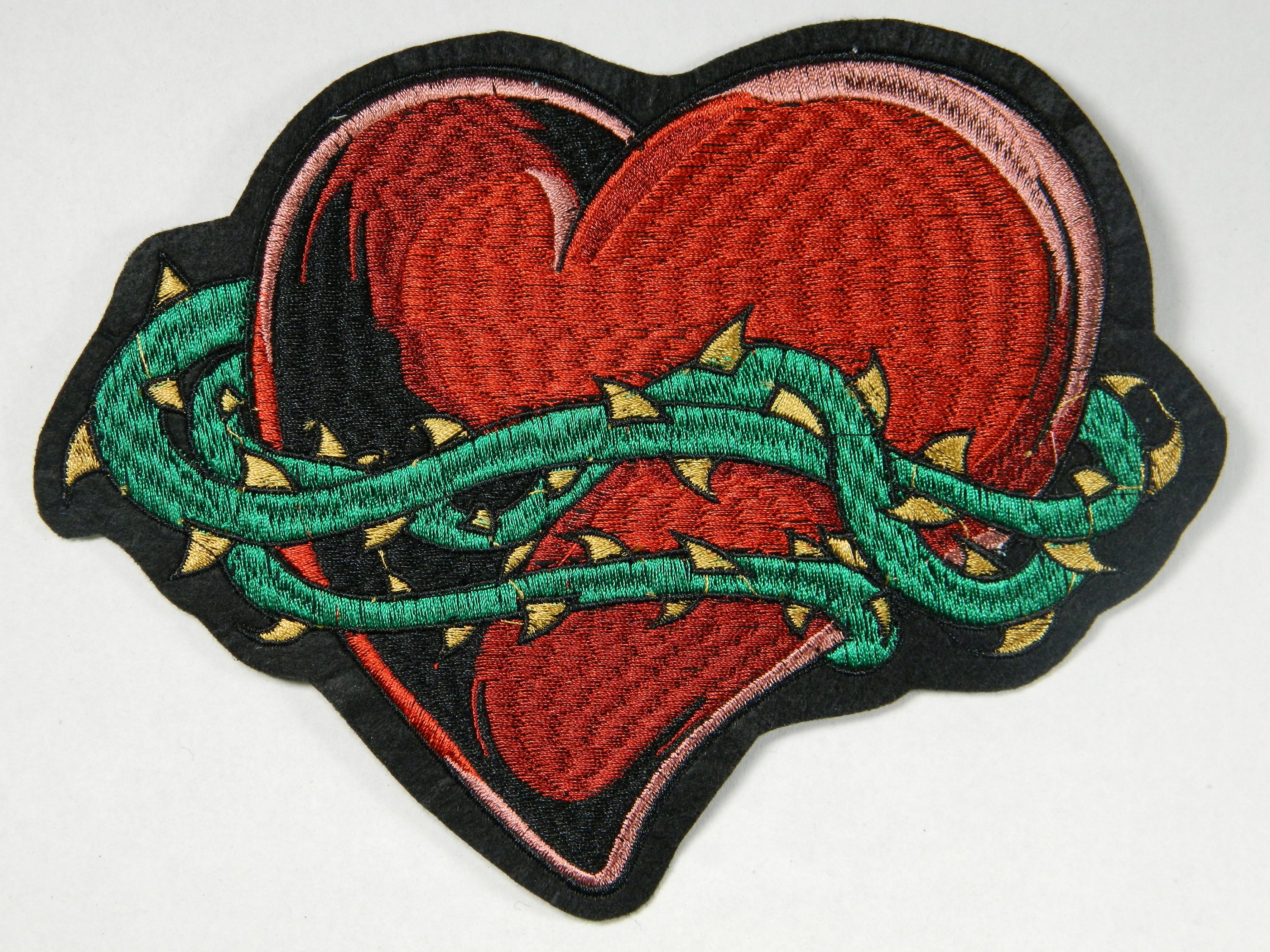 Handmade Vintage LOT hand sewn patch & beaded heart pin, 2 crochet button  pins