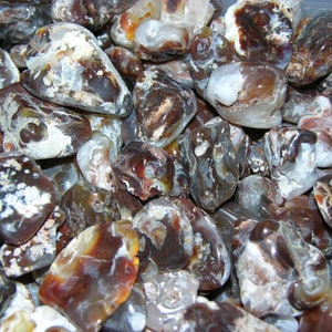 Puede incluir: Primer plano de una colección de piedras de ágata marrón, blanca y gris. Las piedras son lisas y pulidas, y tienen una variedad de patrones y texturas.