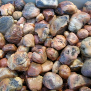 May include: A close-up of a collection of smooth, rounded stones with a mix of brown, pink, and gray colors. The stones have a natural, polished look.