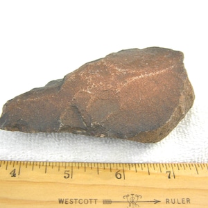 Op de afbeelding: Een roodbruine rots met een ruwe textuur, naast een houten liniaal. De liniaal toont metingen in centimeters, waarbij de rots ongeveer 10 tot 20 cm lang is. De rots heeft een natuurlijk, aards uiterlijk.