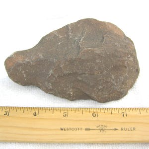 Puede incluir: Una roca marrón de forma tosca con una superficie texturizada. Una regla de madera con marcas en centímetros y el texto "WESTCOTT RULER" se coloca debajo.