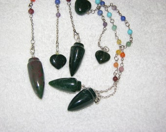 Bloodstone heliotrope crystal pendulum with Chakra stones and holding bead 1 per lot