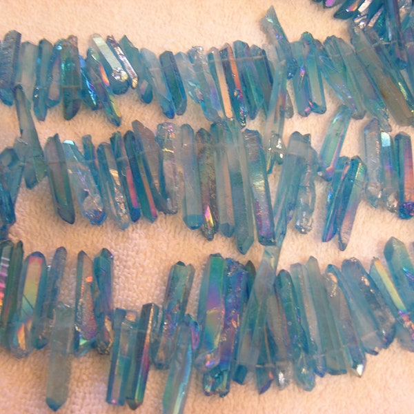 Aqua Aura Quartz crystals drilled for stringing 1.25-0.75 inch 15 piece lot