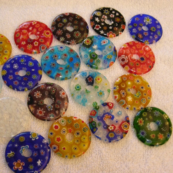 Millefiori multi-color flower style glass flat doughnut bead pendant 6 piece lot