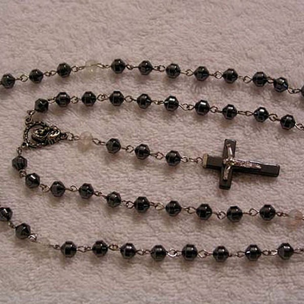 Rosary Hematite Cross and beads polished and pewter Jesus