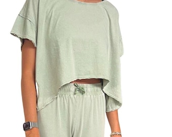 Conjunto de pijama de 2 piezas para mujer Lena: ropa de dormir y para estar en casa 100 % algodón orgánico (talla pequeña de EE. UU.)