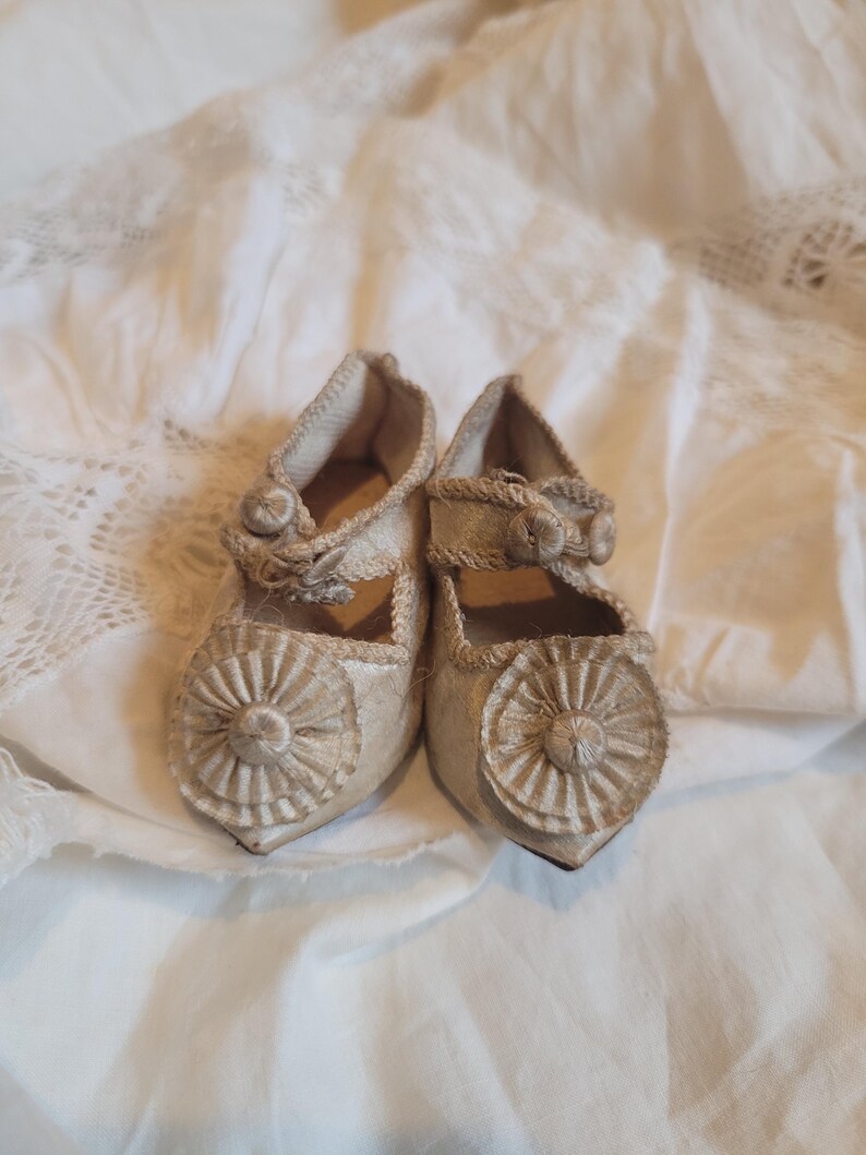Antique Silk off White French Style Doll Shoes Leather Soles Circa ...