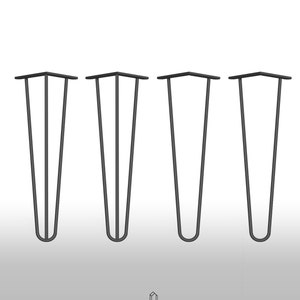May include: Four black metal hairpin legs for furniture. Each leg has a flat top and a curved bottom.