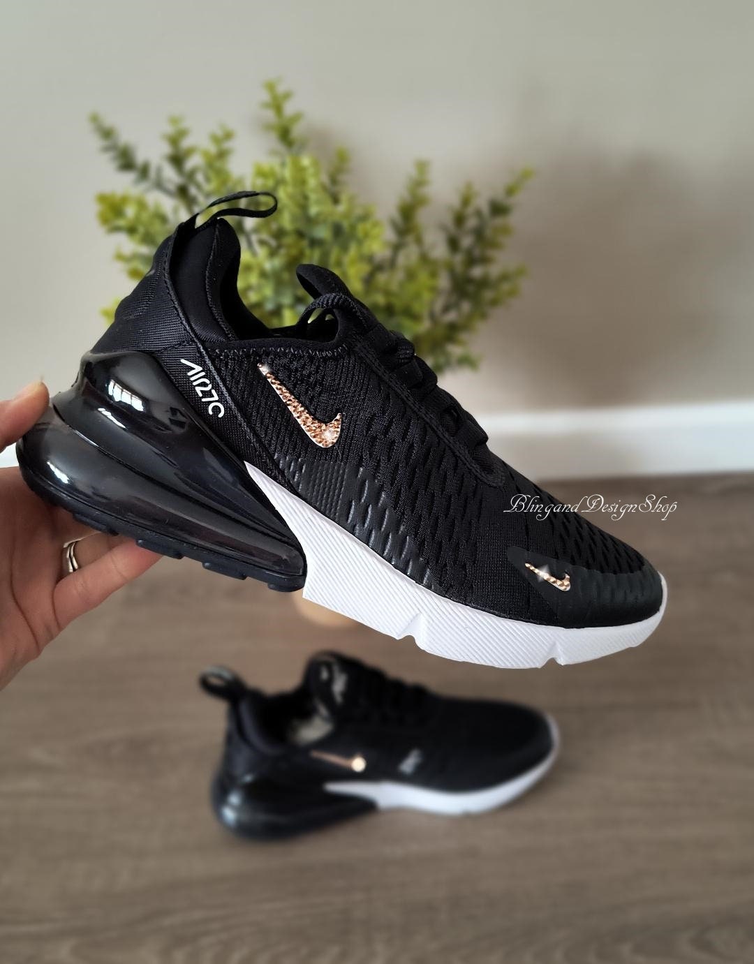 Swarovski Women's Nike Air Max 270 White & Black Sneakers Blinged Out with Authentic Clear Swarovski Crystals Custom Bling Nike Shoes