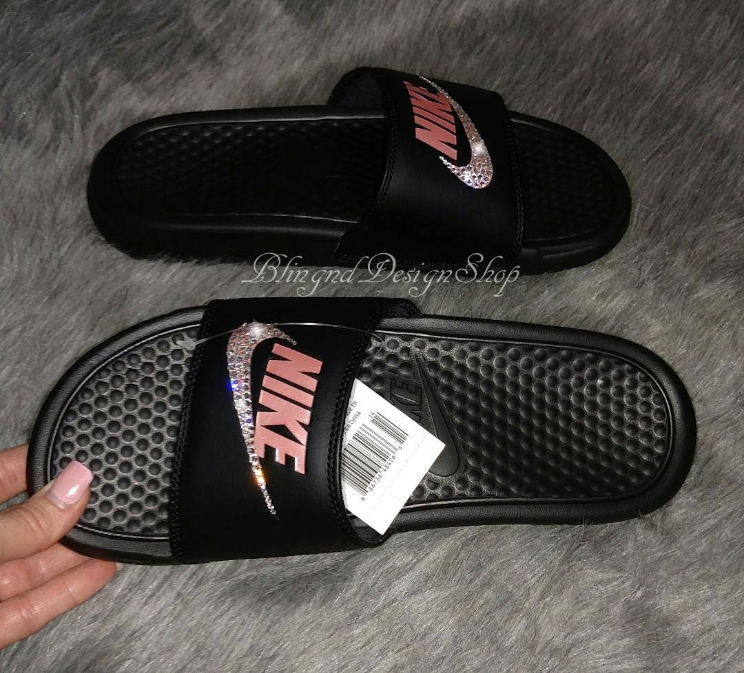 Nike Slides Womens Benassi Sandals Black Hand Customized - Etsy