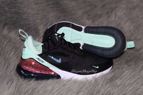 Swarovski Damen Nike Air Max 270 Petrol schwarz Sneakers angepasst mit rosa Swarovski Kristalle Custom Bling Nike Schuhe Swarovski Damen Nike Air Max 270 alle schwarzen Sneakers Blinged Out mit authentischen klaren Swarovski Kristalle Benutzerdefinierte Bling Nike Schuhe