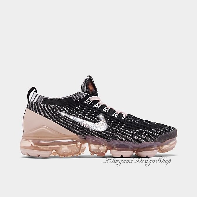 Swarovski Women's Nike Vapormax Flyknit 3 Black Pink Sneakers Customized with Swarovski Crystals 