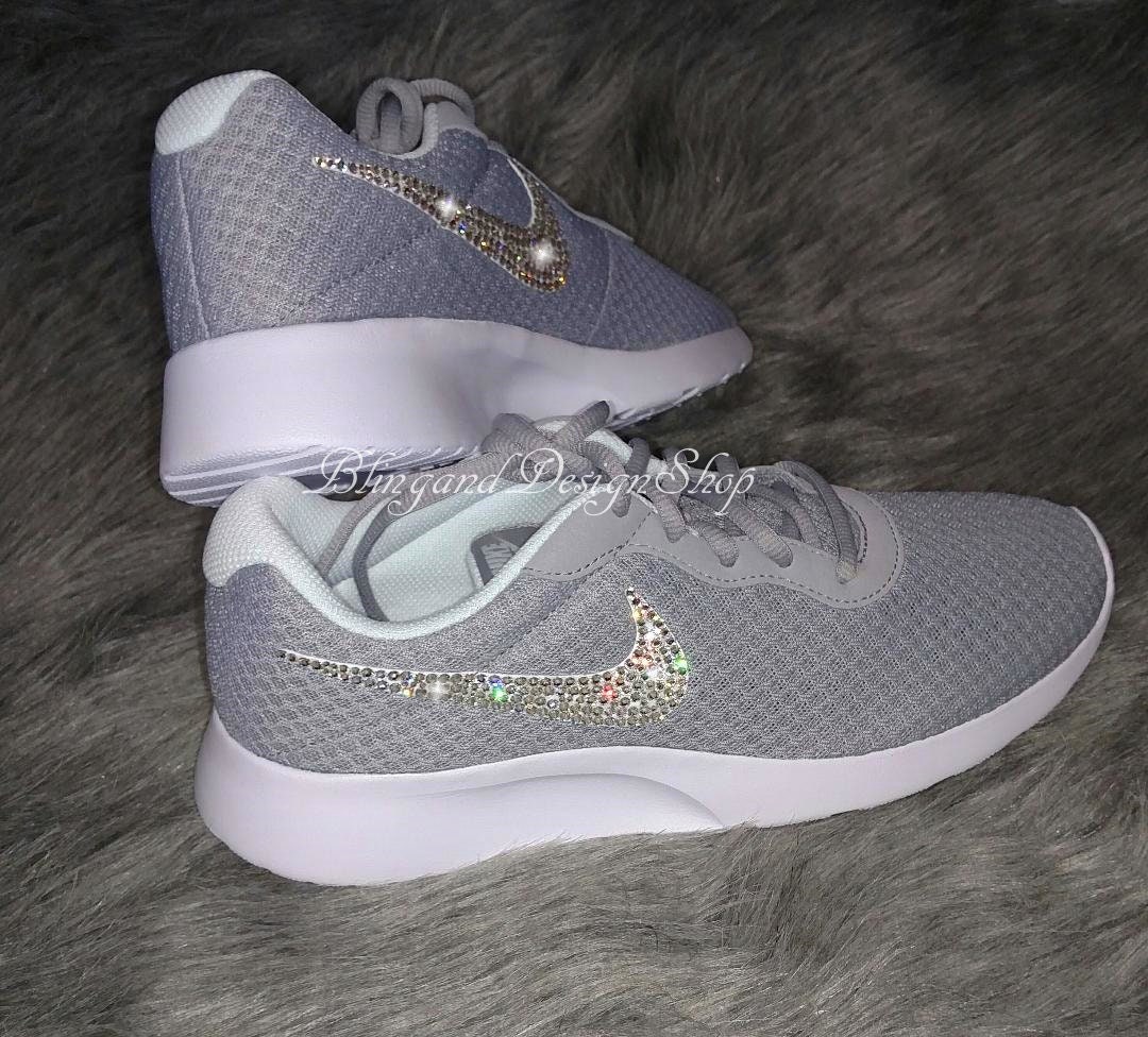 Swarovski Women's Nike Tanjun Gray Sneakers Customized with Clear Swarovski Crystals Custom 