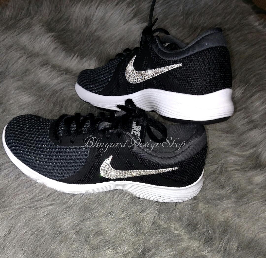 Swarovski Women's Nike Revolution 4 Black White Sneakers Customized with Swarovski Crystals 
