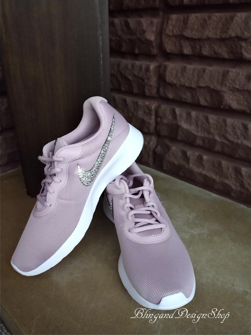 Swarovski Womens Nike Tanjun Pink Blush Sneakers Blinged