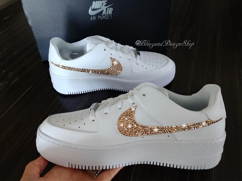 Swarovski womens Nike Air Force 1 Sage Low all white Slsneakers customized with gold swarovski crystals, white wedding nikes, bling nikes 