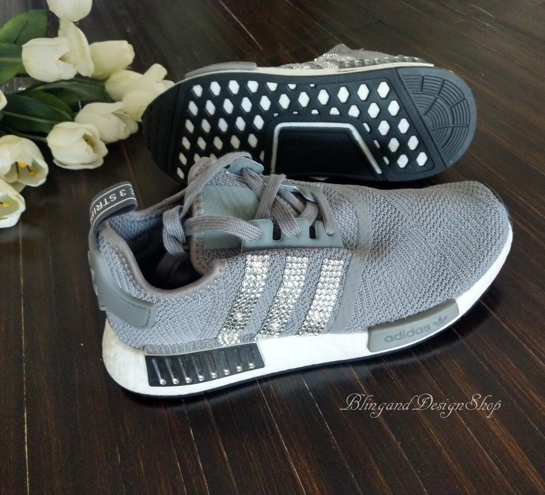 Swarovski Women's Adidas NMD R1 Gray Sneakers Customized with Swarovski Crystals Custom Bling 