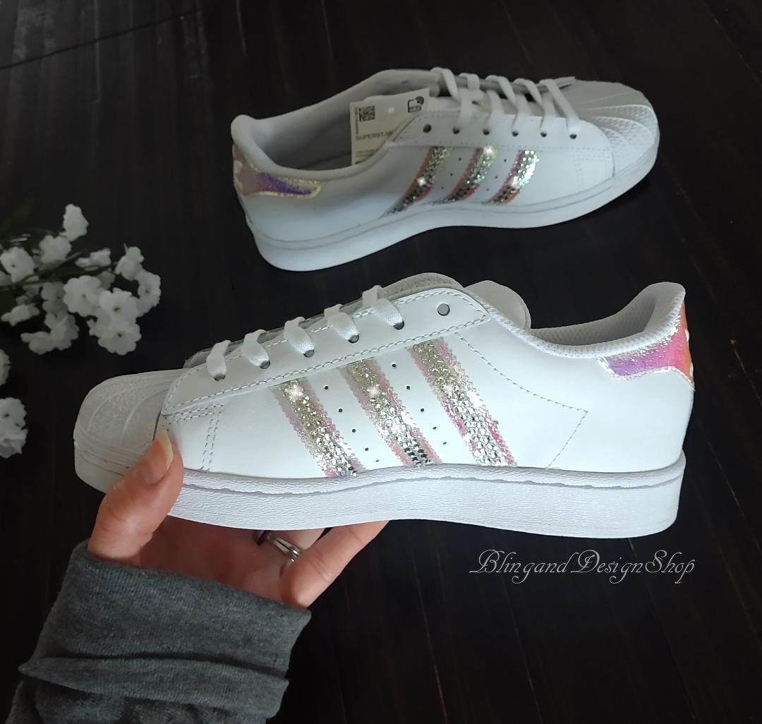 Swarovski Girls Adidas Originals Superstar All White Sneakers - Etsy